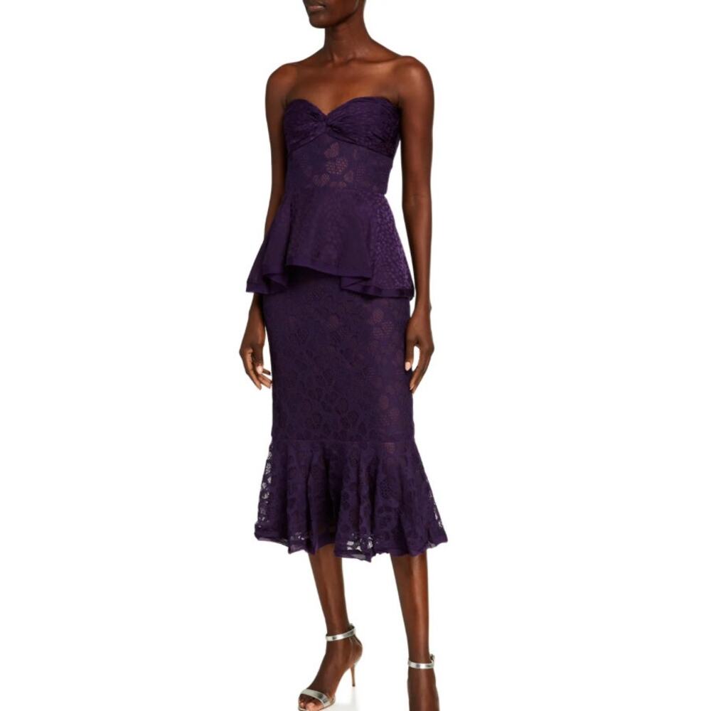 Flor et. al Purple Lace Strapless Peplum Midi Dress Evening Gown Women's Size 8